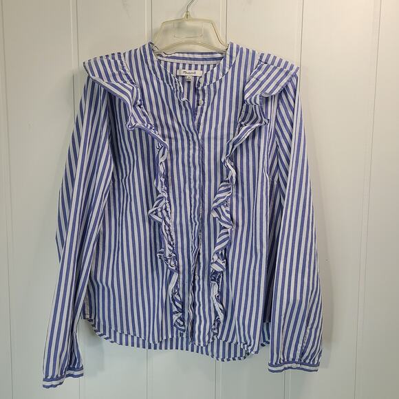 Madewell Tops - Madewell Striped Ruffle-Front Button Blouse XL Cotton Blue Long Sleeve